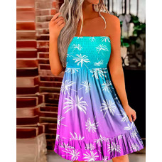 Ombre Coconut Tree Print Bandeau Ruched Casual Dress - purple