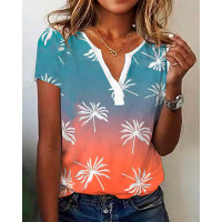 Ombre Coconut Tree Print Notch Neck Top - Multicolor