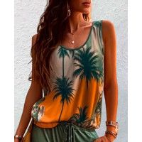 Ombre Coconut Tree Print Round Neck Tank Top - Multicolor