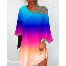 Ombre Cold Shoulder Bell Sleeve Casual Dress - Multicolor