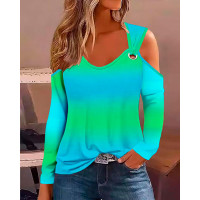 Ombre Cold Shoulder Eyelet Casual Top - green