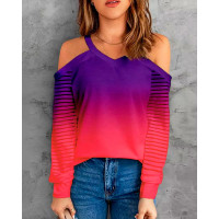 Ombre Cold Shoulder Long Sleeve Top - Multicolor