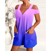 Ombre Cold Shoulder Pocket Design Romper - blue