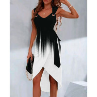 Ombre Colorblock Tied Detail Eyelet Casual Dress - blackwhite