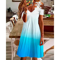 Ombre Contrast Lace Cold Shoulder Casual Dress - blue