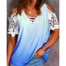 Ombre Contrast Lace Cold Shoulder Top - blue