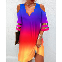 Ombre Contrast Mesh Cold Shoulder Casual Dress - Multicolor