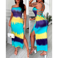 Ombre Crisscross Backless High Slit Maxi Dress - Multicolor