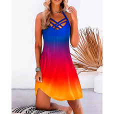 Ombre Crisscross Halter Casual Dress - blue