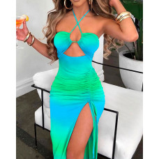 Ombre Cutout Drawstring Ruched High Slit Dress - green