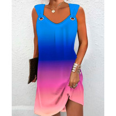 Ombre Eyelet Sleeveless V-Neck Casual Dress - blue