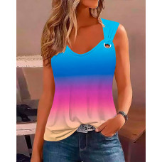 Ombre Eyelet V-Neck Casual Tank Top - blue