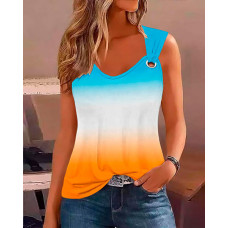 Ombre Eyelet V-Neck Casual Tank Top - orange