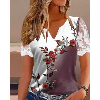 Ombre Floral Print Lace Patch Notch Neck Top - purple