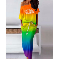 Ombre Grateful Thankful Blessed Print Top & Drawstring Skirt Set - Multicolor