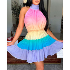 Ombre Halter Backless Ruffles Mini Dress - Multicolor