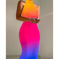 Ombre High Neck Sleeveless Bodycon Dress - Multicolor