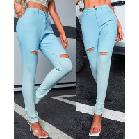 Ombre High Waist Cutout Ripped Skinny Jeans - blue