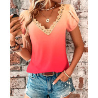 Ombre Lace Patch Petal Sleeve T-shirt - orange