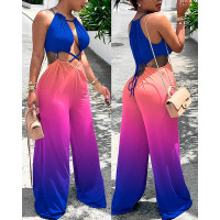 Ombre Lace-up Cutout Wide Leg Jumpsuit - blue