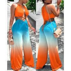 Ombre Lace-up Cutout Wide Leg Jumpsuit - orange