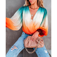 Ombre Lantern Sleeve Ruched Top - Multicolor