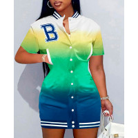 Ombre Letter Patch Baseball Collar Casual Dress - Multicolor