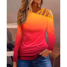 Ombre Long Sleeve Cold Shoulder Casual Top - Multicolor