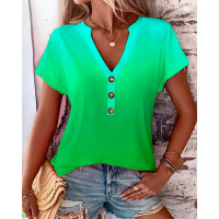 Ombre Notch Neck Buttoned Casual T-shirt - green