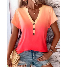 Ombre Notch Neck Buttoned Casual T-shirt - Multicolor