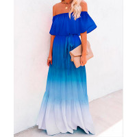 Ombre Off Shoulder Ruffle Hem Belted Maxi Dress - blue