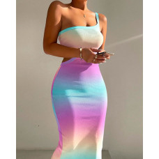 Ombre One Shoulder Cutout Ribbed Bodycon Dress - Multicolor