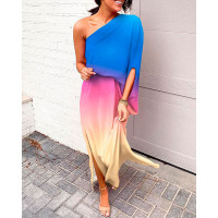 Ombre One Shoulder Split Hem Maxi Dress - blue