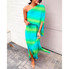 Ombre One Shoulder Split Hem Maxi Dress - Multicolor