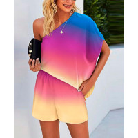 Ombre One Shoulder Top & Shorts Set - Multicolor