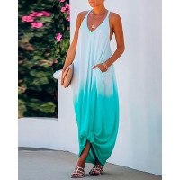 Ombre Pocket Design Casual Maxi Dress - green