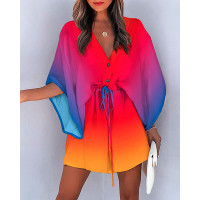 Ombre Print Batwing Sleeve Drawstring Casual Dress - Multicolor