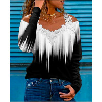 Ombre Print Contrast Lace Cold Shoulder Top - white