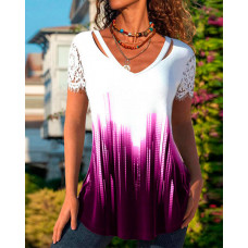 Ombre Print Contrast Lace Short Sleeve T-shirt - purple