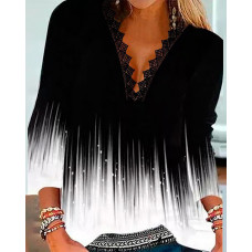 Ombre Print Contrast Lace V-Neck Casual Top - black