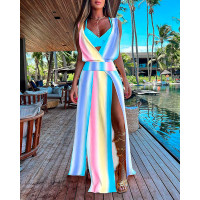 Ombre Print Sleeveless High Slit Maxi Dress With Bra Top - Multicolor