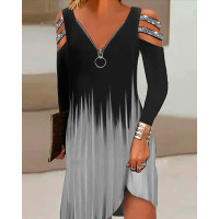 Ombre Print Zip Detail Cold Shoulder Casual Dress - black