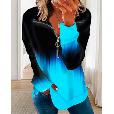 Ombre Print Zip Detail Long Sleeve Top - blue