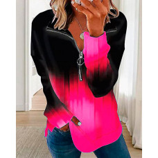 Ombre Print Zip Detail Long Sleeve Top - rose red