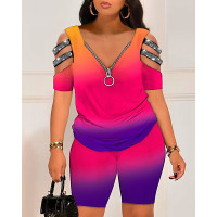 Ombre Rhinestone Cold Shoulder Top & High Waist Shorts Set - Multicolor