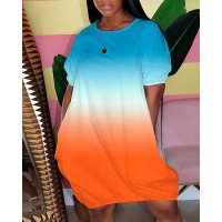 Ombre Round Neck Puff Sleeve Casual Dress - orange