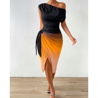 Ombre Ruched Skew Neck Slit Party Dress - orange