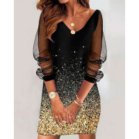 Ombre Sheer Mesh Casual Dress - gold