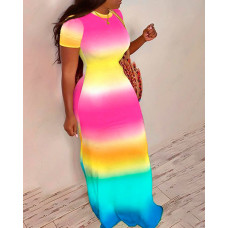 Ombre Short Sleeve Casual Maxi Dress - Multicolor