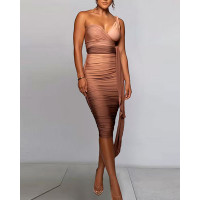 Ombre Sleeveless Tied Detail Ruched Bodycon Dress - brown